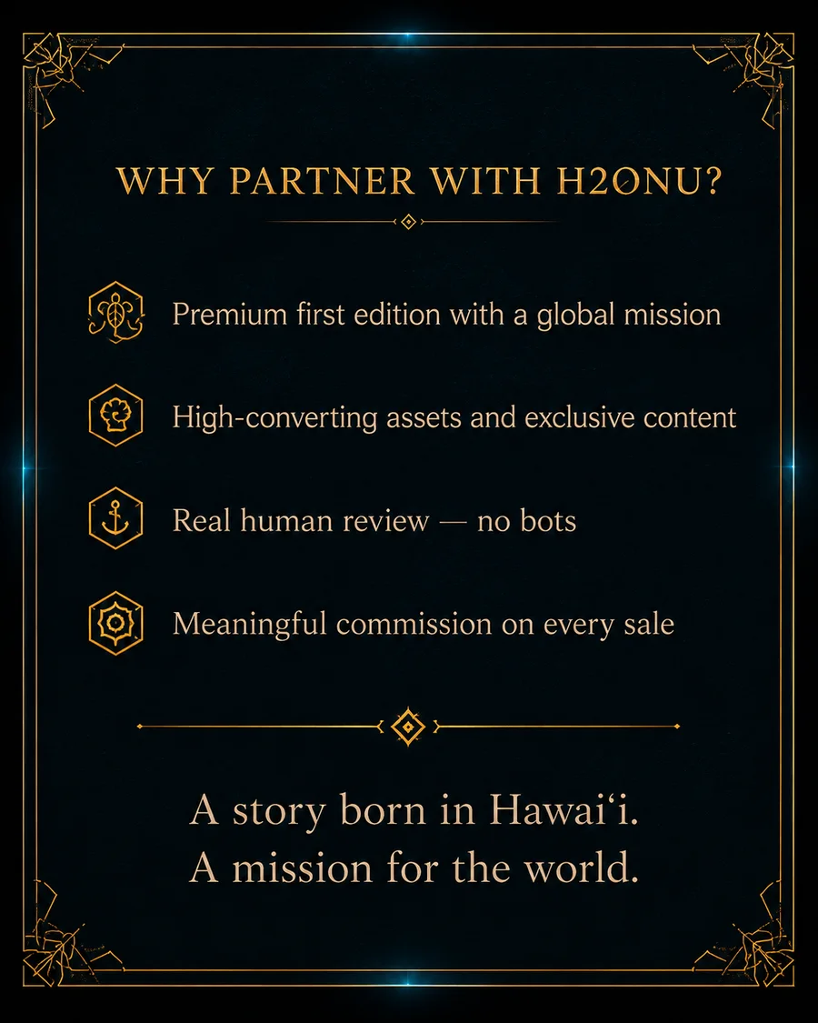 Why partner with H2ONU? Premium first edition with a global mission. High-converting assets and exclusive content. Real human review — no bots. Meaningful commission on every sale. A story born in Hawaiʻi. A mission for the world.