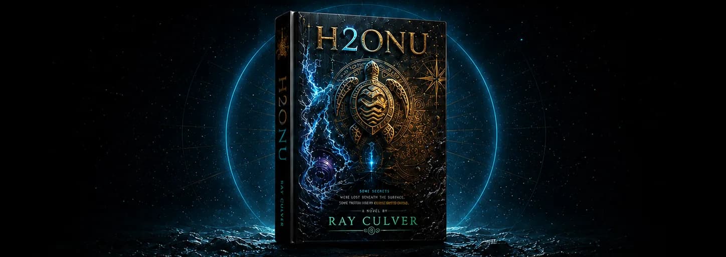 H2ONU First Edition hardcover, floating over a cyan signal ring