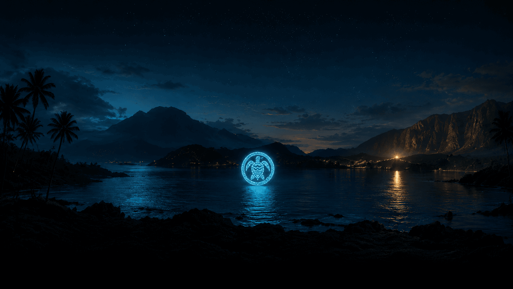A glowing honu glyph over a moonlit Hawaiian bay beneath the stars