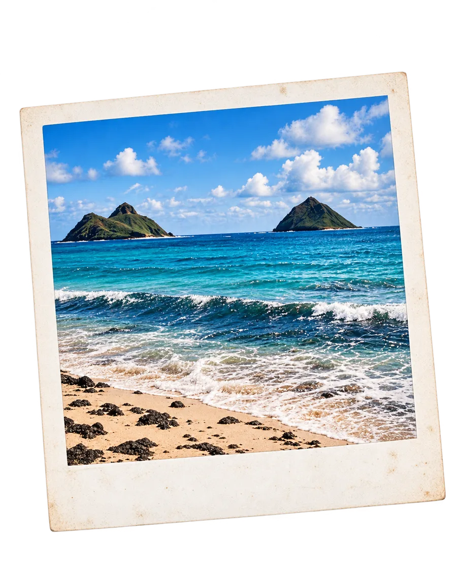 A photograph of turquoise water and the Mokulua Islands
