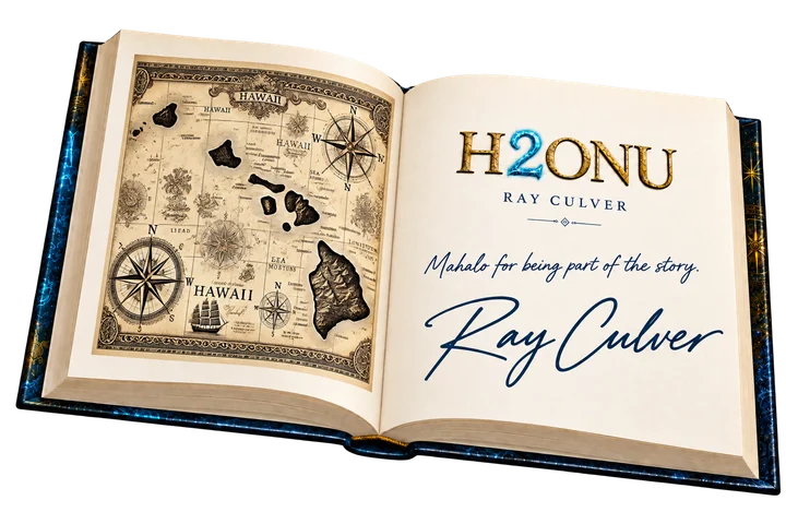 Open H2ONU book with a Hawaii map, thank-you inscription, and Ray Culver signature